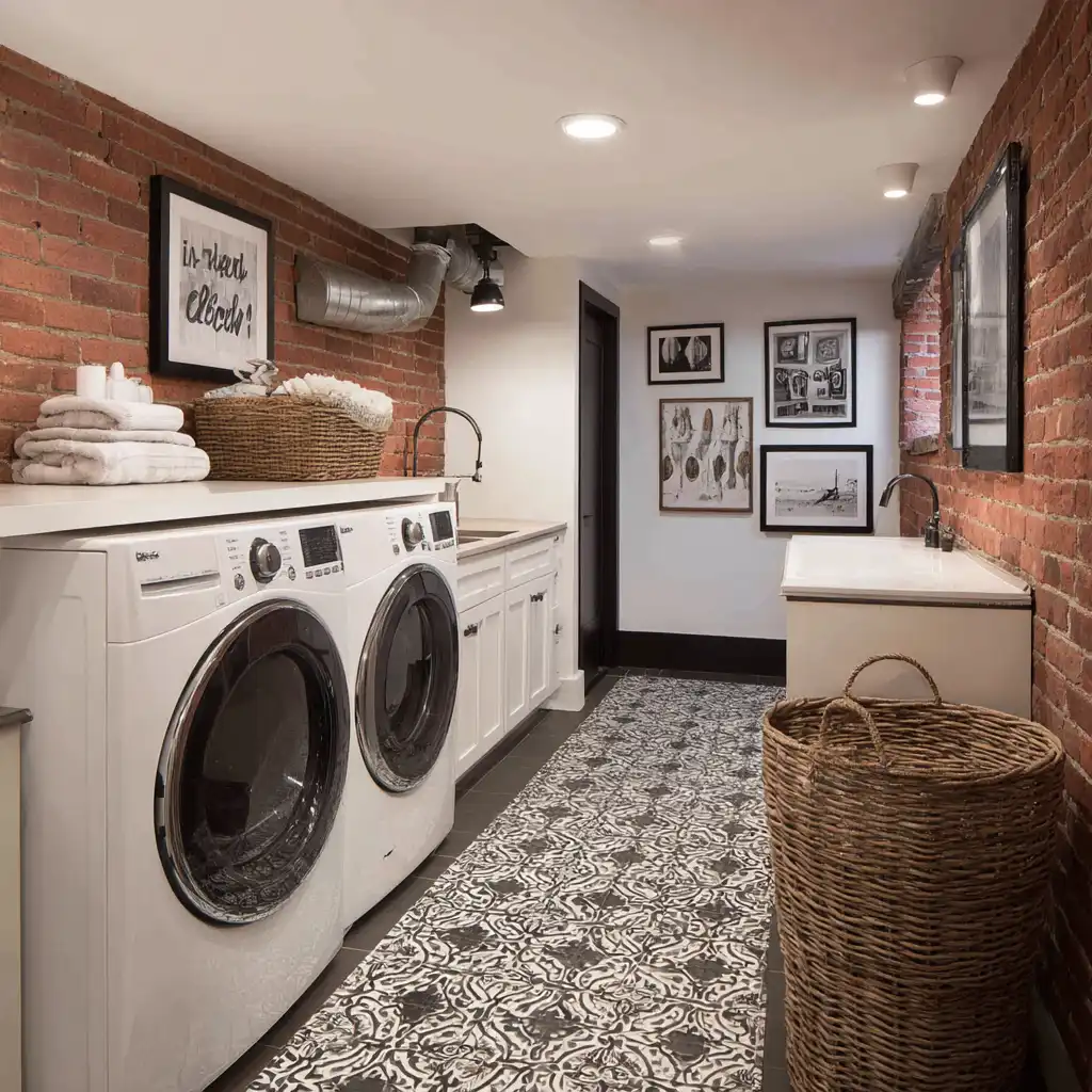 Exposed Brick Accent Basement Laundry Room
