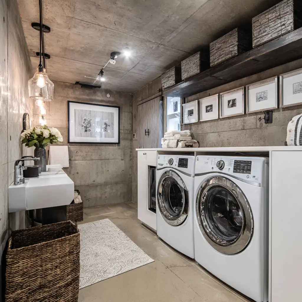 Industrial Concrete Style Basement Laundry Room