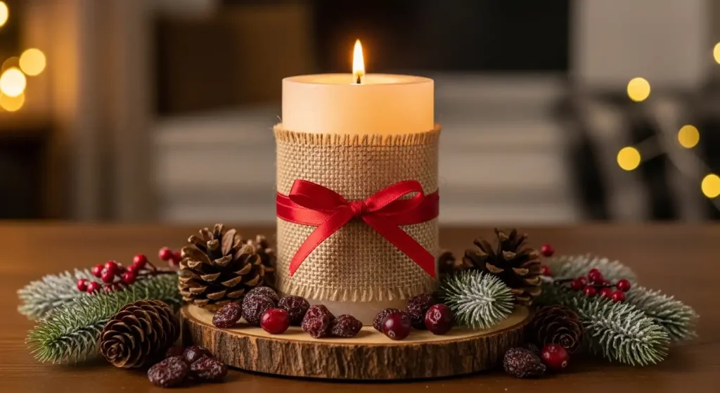 Burlap and Red Ribbon Rustic Candle Display