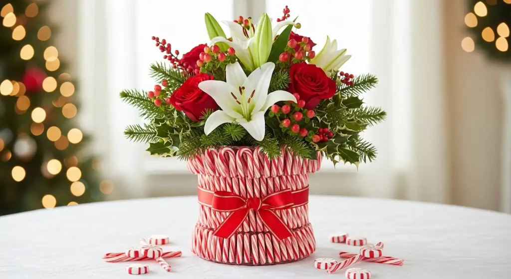 Candy Cane Vase Centerpiece for a Playful Holiday Look
