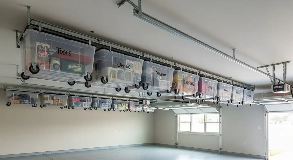 Ceiling Tracks for Sliding Storage Bins