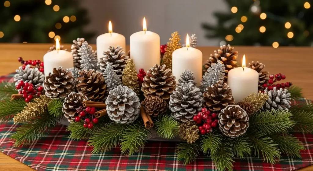 Christmas Centerpiece with Pinecones and Glitter Spray