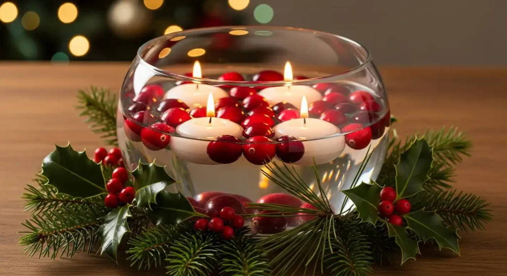  Cranberry and Candle Centerpiece in a Glass Bowl