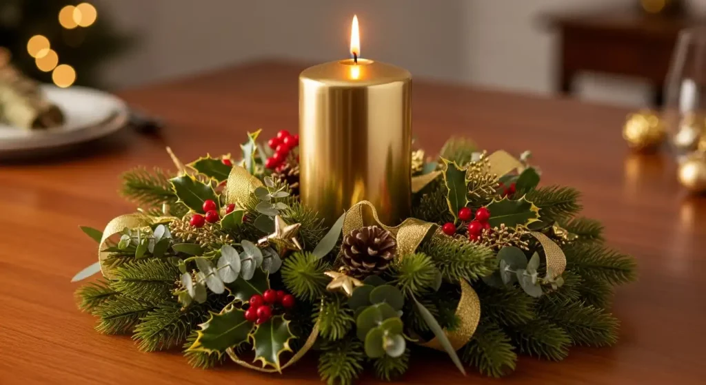 Elegant Gold Candle Centerpiece with Greenery Garland