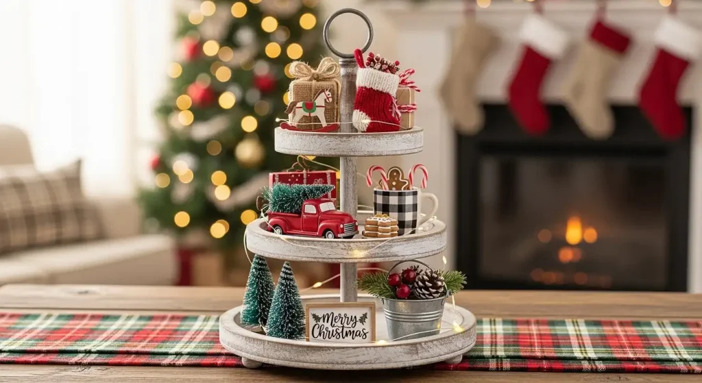 Farmhouse Tiered Tray with Mini Holiday Décor Pieces