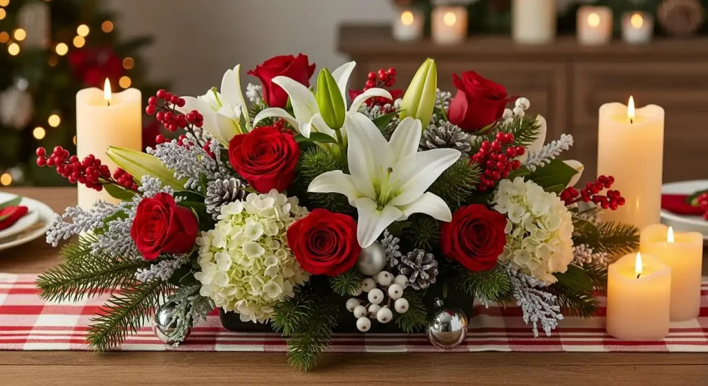  Floral Christmas Centerpiece with Red and White Blooms