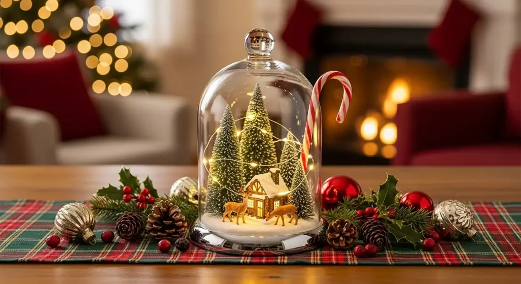 Glass Cloche Centerpiece with Mini Christmas Scene