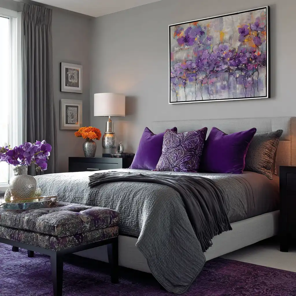 Gray Walls with Purple Art and Accessories