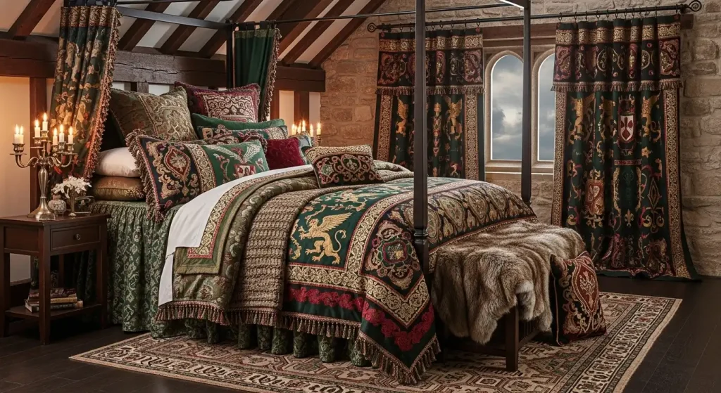 Include Medieval-Inspired Bedding Patterns and Layered Textiles