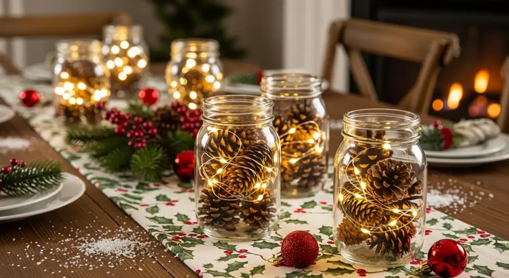 Mason Jar Centerpieces Filled with Pinecones and Fairy Lights