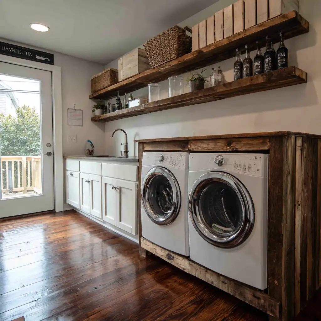 Reclaimed Wood Shelving on laundry room