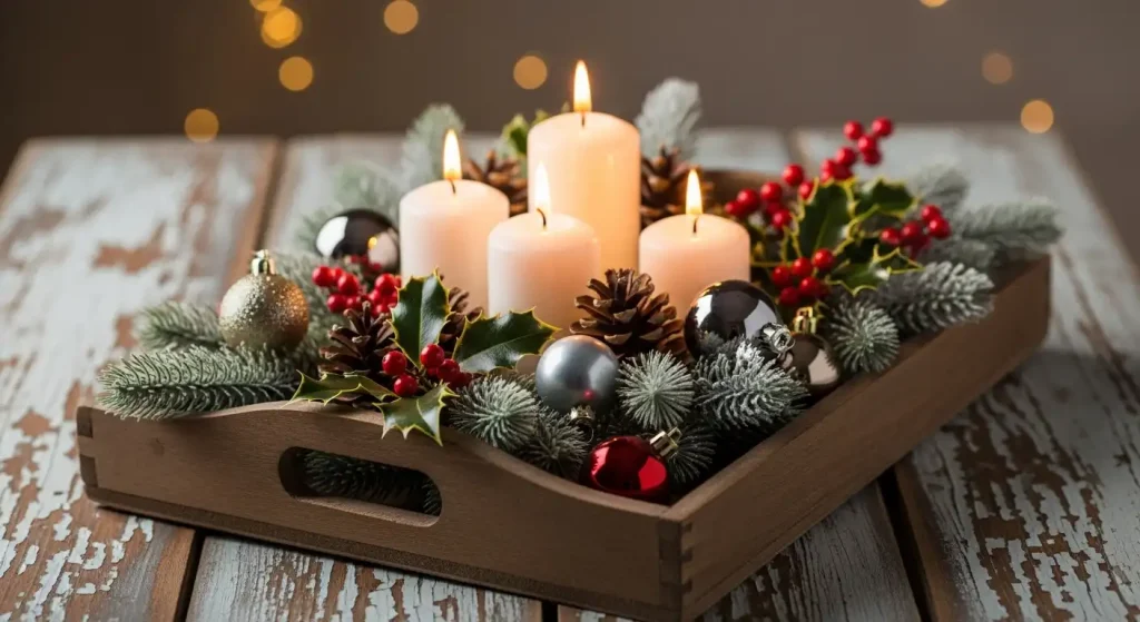 Rustic Wooden Tray with Candles and Ornaments