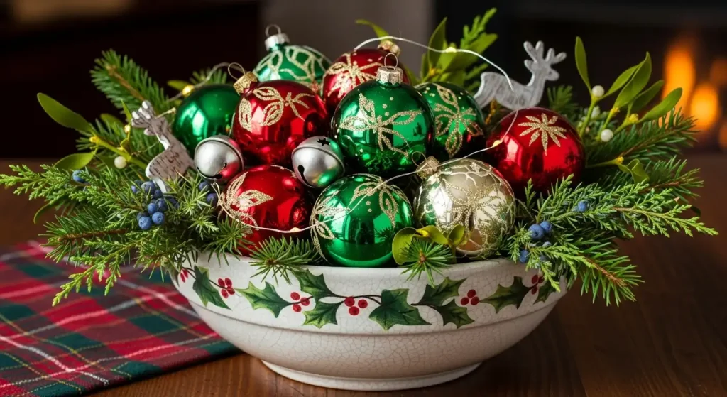 Vintage Bowl Filled with Ornaments and Greenery