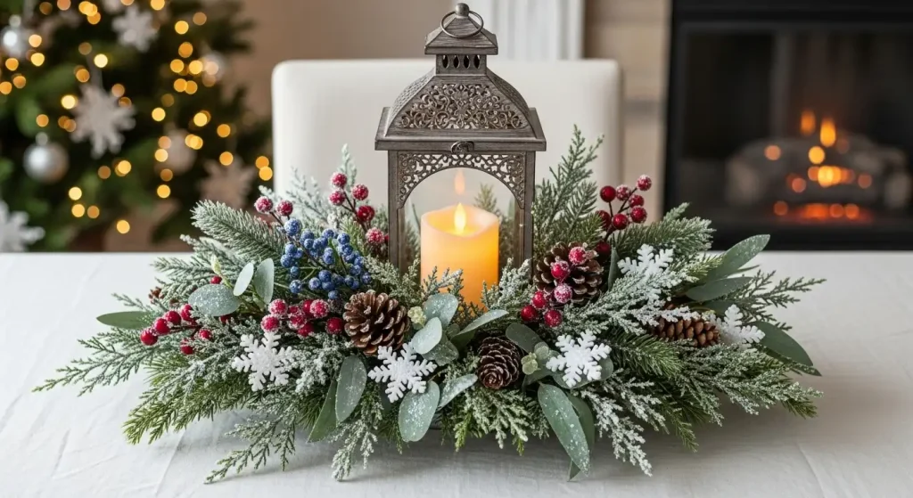 Snowy Lantern Centerpiece with Winter GreeneryLanterns make stunning focal