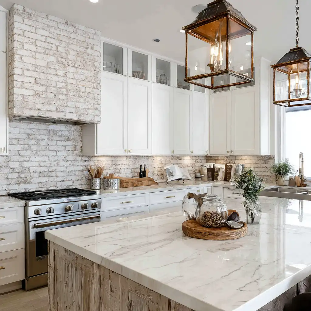 Whitewashed Brick Backsplash for a Light Rustic Touch