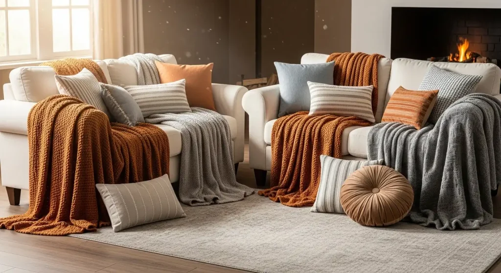 Add Throw Blankets and Cushions Generously