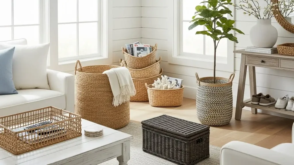 Add Woven Baskets for Storage and Texture