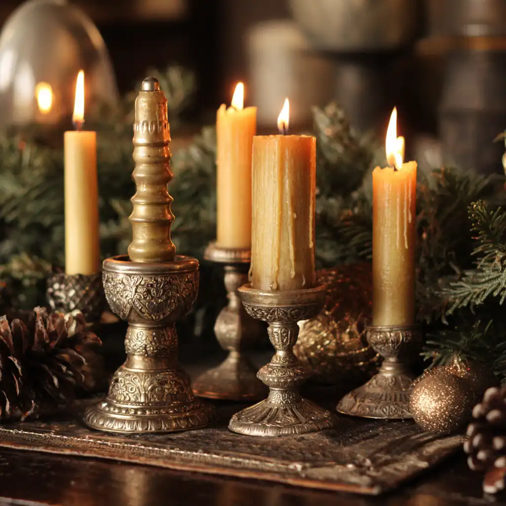Antique Candle Holders and Dripping Wax Candles