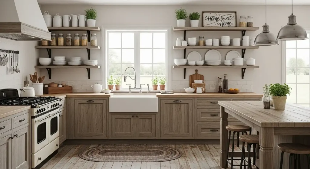 Country-Style Kitchen with Open Shelving and Farmhouse Touches