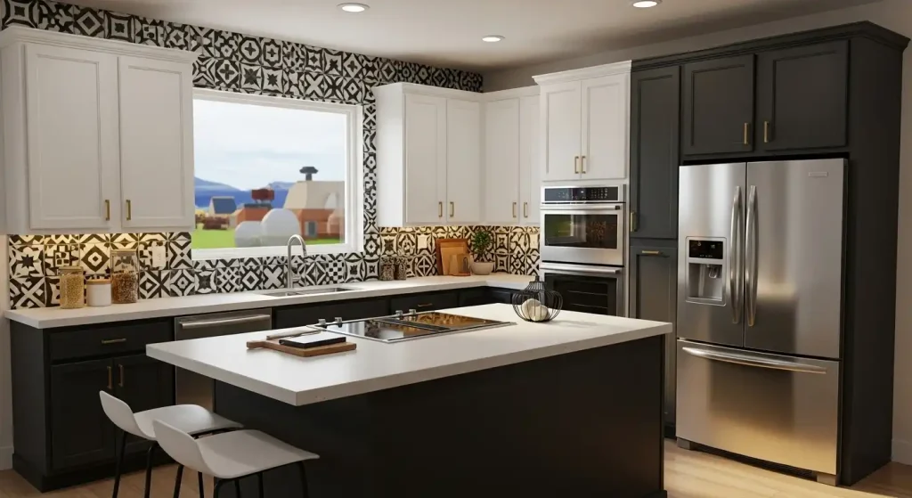 High-Contrast Kitchen with Two-Tone Cabinets and Tile Accents