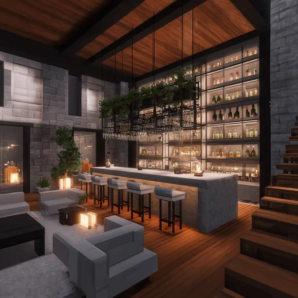 Luxe Bar Area with Glass Display Shelves