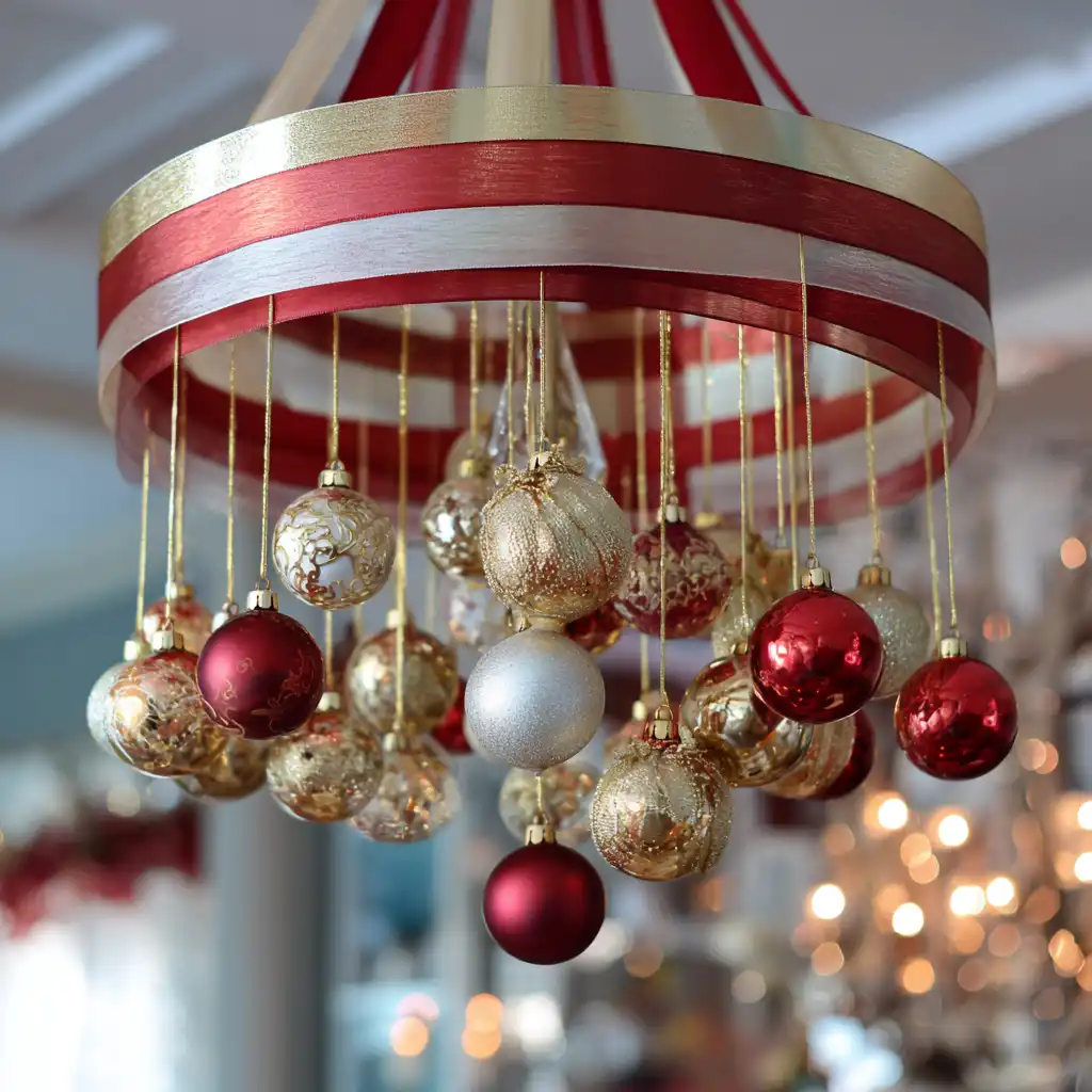 Make a Festive Ribbon and Ornament Chandelier