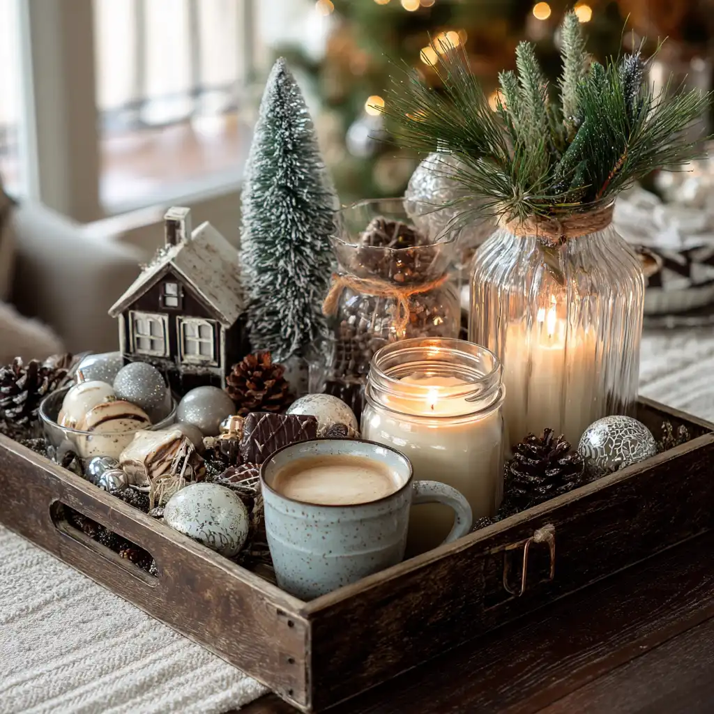 Mixed Element Tray with Ornaments, Candles, and Mini Trees