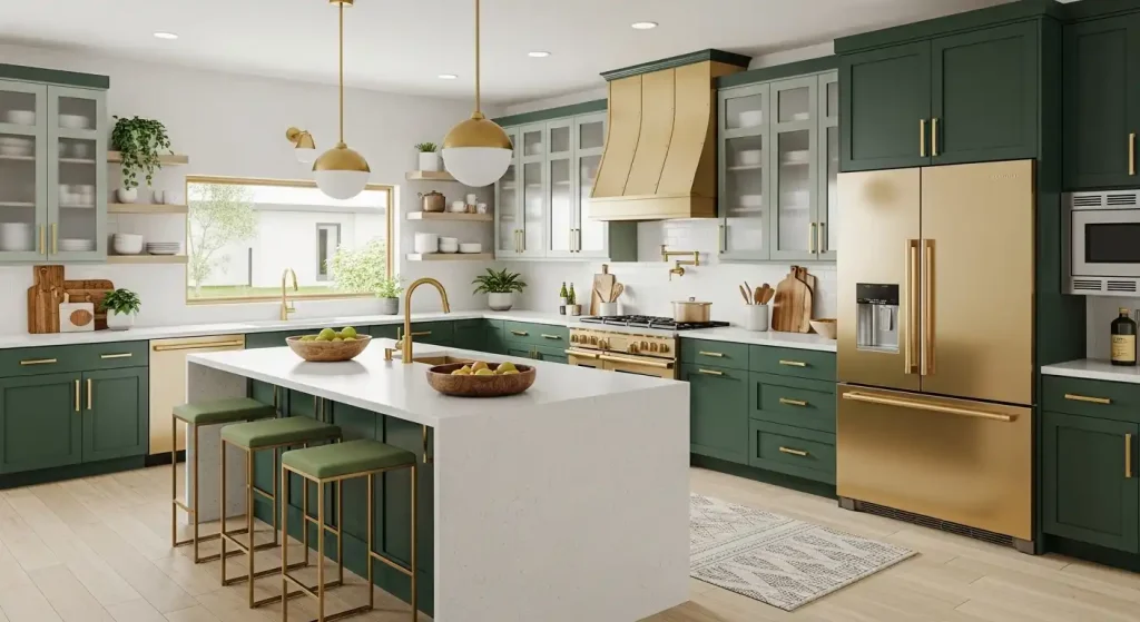  Modern Green Kitchen with Gold Hardware and Natural Accents