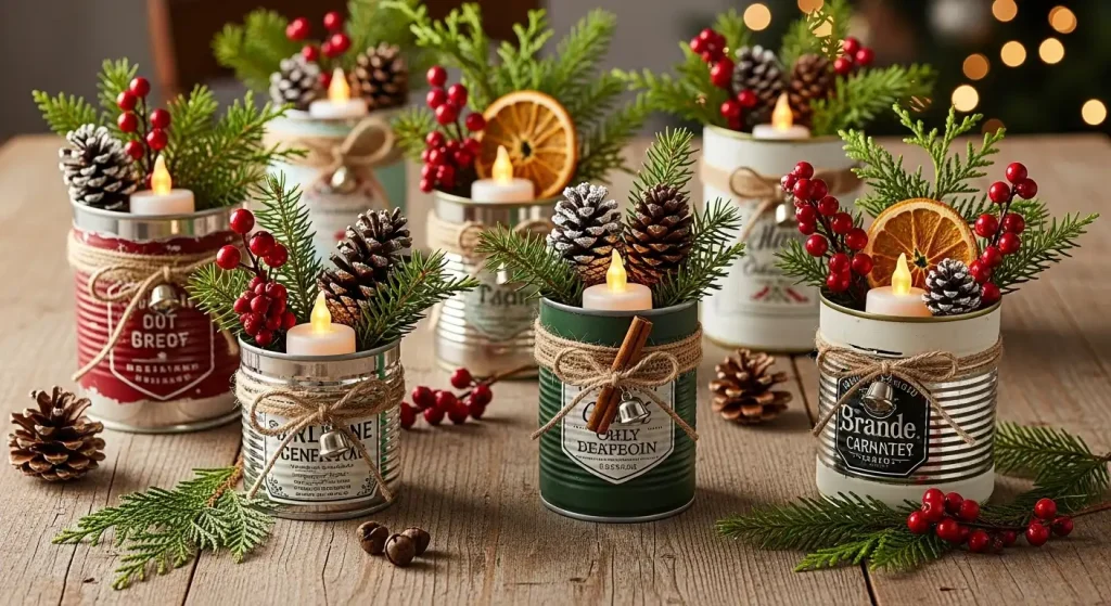  Tin Can Centerpieces with Rustic Holiday Charm