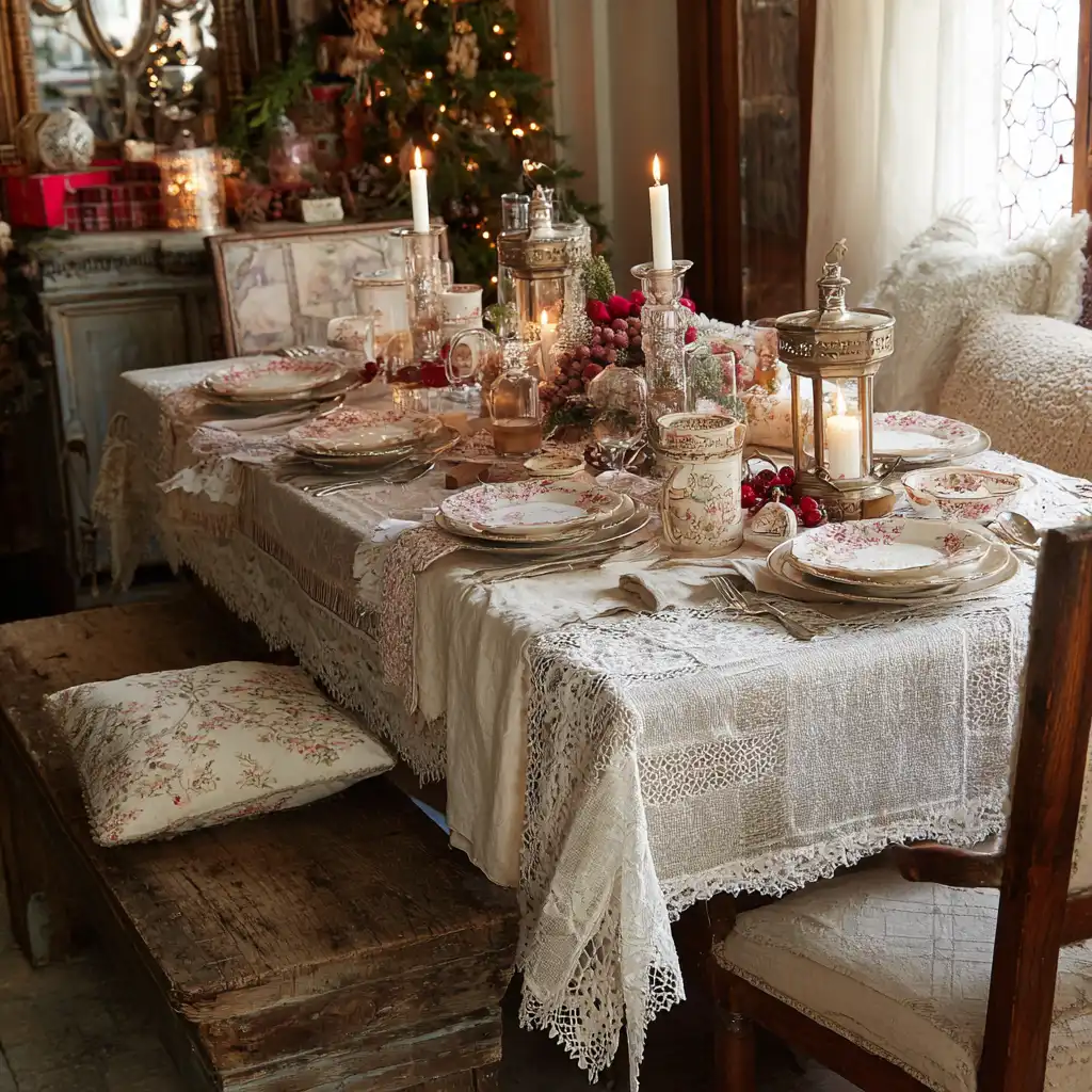 Use Lace-Trimmed Table Linens for a Soft, Vintage Holiday Setting