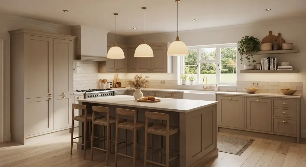  Warm Neutral Kitchen with Beige Cabinets and Cozy Lighting